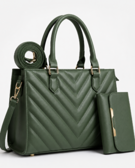 Premium V-Stitch 2PC Women's Tote Handbag Set with Wallet & Adjustable Strap