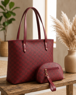 Luxe Checkered Tote Bag Set with Matching Wristlet Pouch – Elegant Everyday Shoulder Handbag for Women